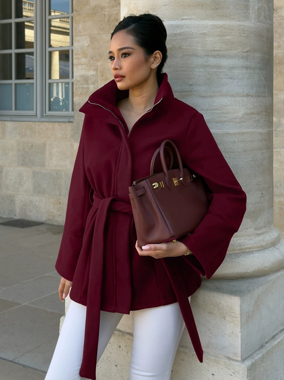 Forever 21 Wine Red Notch Lapel Wool Coat with Tie Belt Fall Winter